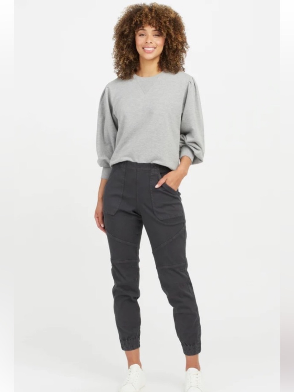 NWT Spanx stretch twill cargo jogger black gray high waist ankle length taper